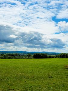 um campo de relva verde com um céu nublado em Y Golygfa em Sarnau