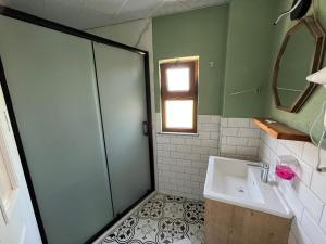 uma casa de banho com um lavatório e um chuveiro em Akar Butik Otel em Gokceada Town
