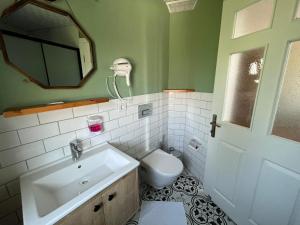 a bathroom with a sink and a toilet and a mirror at Akar Butik Otel in Gokceada Town