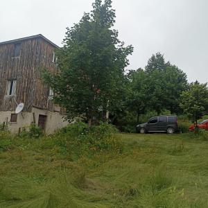 a car parked next to a house with a tree at Hıdırnebi Yayla Evi in Akcaabat