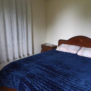 a bedroom with a blue bed and a window at Hıdırnebi Yayla Evi in Akcaabat