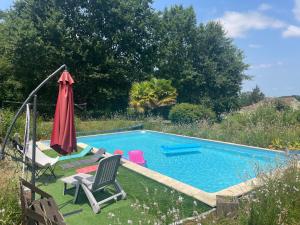 uma piscina com uma cadeira e um guarda-sol e um desvio de relva em Domaine Pierrot em Laujuzan
