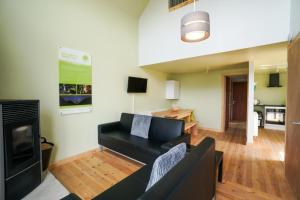 a living room with a black couch and a fireplace at Tarset Tor - Bothy Cabin 5 in Hexham