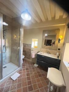 a bathroom with a shower and a sink and a toilet at La Rochelière in Bresse-sur-Grosne