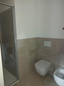 a bathroom with a shower and a toilet and a sink at ChaletMagnan in Lanzada