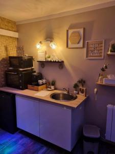 cocina con fregadero y microondas en Chambres d'hôtes avec jacuzzi privatif en Westrehem