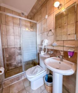 a bathroom with a toilet and a sink and a shower at Abelia Otel in Çanakkale