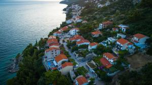 Vue aérienne d'un village sur une colline à côté de l'eau dans l'établissement Villa Stina, à Pisak