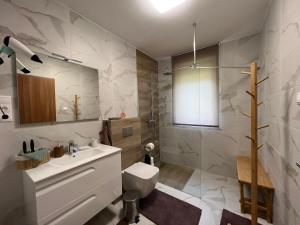 a bathroom with a sink and a toilet and a shower at Jázmin Apartman in Sárvár