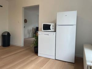 einen weißen Kühlschrank mit einer Mikrowelle darüber in der Unterkunft Gîte La Forestière in Walcourt