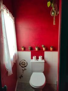 a red bathroom with a toilet and a red wall at Les p'tits vélos in Chandolas