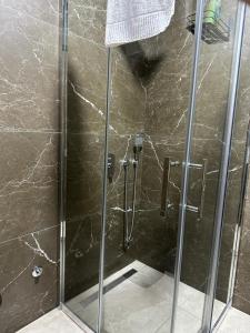 a shower with a glass door in a bathroom at Nejra Apartment in Ulcinj