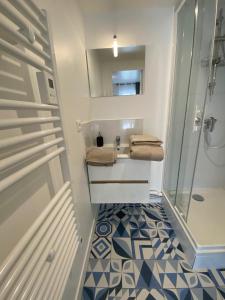 uma casa de banho com um chuveiro, um lavatório e um WC. em Résidence GABRIELLE em Le Havre