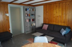 sala de estar con sofá y estante para libros en Ferienhaus Schils, en Flums