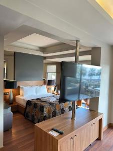 ビテツにあるホテル アンブロシアのベッド1台、薄型テレビが備わるホテルルームです。
