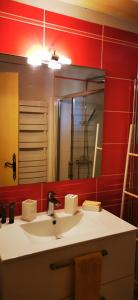 ein Bad mit einem Waschbecken und einem Spiegel in der Unterkunft Maison provençale en pierres sèches in Gordes