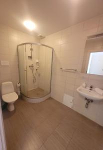 a bathroom with a shower and a toilet and a sink at Hotel Pajurio vieskelis in Klaipėda