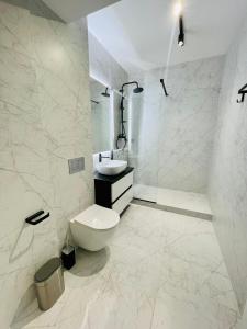 un bagno bianco con un water e un lavandino di West View Studio a Cluj-Napoca