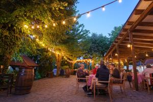 a group of people sitting at a table in a patio with lights at Pensiunea 7 Tei in Cisnădioara