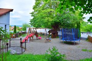 dos niños jugando en un columpio en un patio en Pensiunea 7 Tei, en Cisnădioara