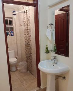 a bathroom with a sink and a shower with a toilet at Lux Suites Neema Court Furnished Apartments in Nairobi