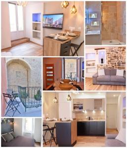 a collage of pictures of a kitchen and a living room at Cocon ardéchois in Aubenas