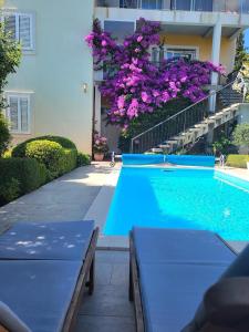 a swimming pool in front of a building with purple flowers at Holiday Home Arboretum in Šibenik