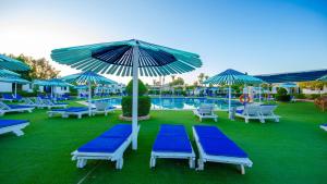 een groep blauwe stoelen en parasols naast een zwembad bij Ghazala Beach in Sharm El Sheikh