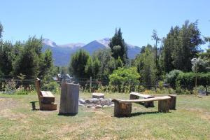un grupo de bancos de madera sentados en un campo en Huerta de los Andes - Bed and Breakfast en Villa La Angostura