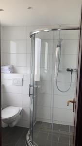 La salle de bains est pourvue d'une douche et de toilettes. dans l'établissement Meerbuscher Hof, à Meerbusch