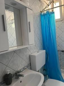 łazienka z toaletą i niebieską zasłoną prysznicową w obiekcie Family Garden w mieście Néa Michanióna