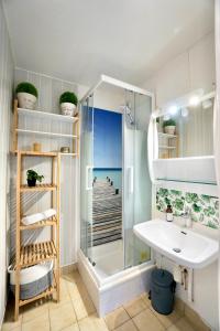 ein Bad mit einer Dusche und einem Waschbecken in der Unterkunft La Lézardière *Front de mer* in Ploemeur
