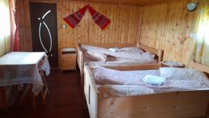 two beds in a room with wooden walls at Cabana Ela&Mada in Gîrda de Sus