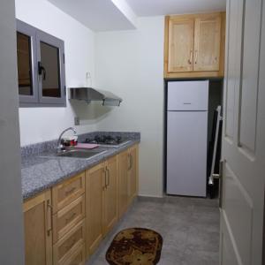 a kitchen with wooden cabinets and a white refrigerator at residence djerba 2 in Houmt Souk