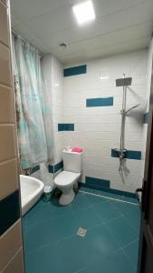 La salle de bains est pourvue de toilettes et d'un lavabo. dans l'établissement Marco Polo, à Koutaïssi