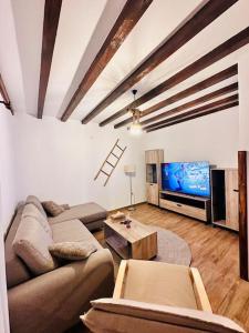 uma sala de estar com um sofá e uma televisão em Hanul Cu Mesteceni em Boşorod