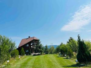 a large house on a grassy field next to a building at Hanul Cu Mesteceni in Boşorod