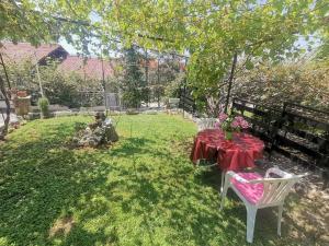 a table and chairs in a yard with a red table cloth at Vila Visni in Ohrid