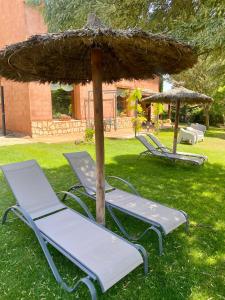two lounge chairs and an umbrella on the grass at El Balcón De Alboreca in Alboreca