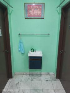 a bathroom with a sink and a green wall at D' SHAM Homestay, Mslim Only in Kulim