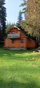 drewniany domek na polu zielonej trawy w obiekcie Isov Ranch w mieście Plav