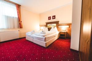 um quarto com uma cama grande e um tapete vermelho em Appartements Cella Central em Zell am See