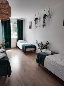 ポッドンビエにあるApartamenty Poddąbekのベッド2台と緑のカーテンが備わる客室です。