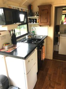 a small kitchen with a stove and a microwave at Idyllic Shepherds Hut glorious views to South Downs 'Perch' in Uckfield