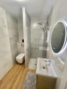 ein Bad mit einem Waschbecken, einer Dusche und einem WC in der Unterkunft T2 Tête d’Or Confort + Parking gratuit in Villeurbanne