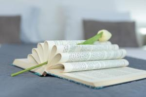 Tres libros con flores sobre una mesa. en Apartments Pasalic, en Kaštela