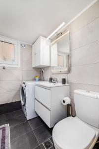 bagno con lavandino e servizi igienici e lavatrice. di Koukaki Apartment ad Atene