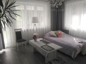 1 dormitorio con 1 cama, 1 mesa y 1 silla en Pokoje gościnne Słupy Olsztyn - parking, en Olsztyn
