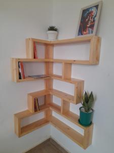 a wooden book shelf on a wall with a plant at La-Domek Traveller's home in Mbeya