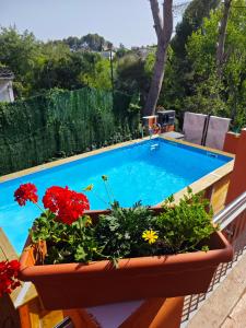 a swimming pool with flowers in a planter next to it at Relax House Barcelone in Sant Esteve Sesrovires